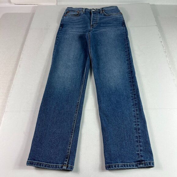 Re/Done Jean Women 25x26* 70s Stove Pipe High Rise Skinny Crop Blue Denim Tag 25 - Picture 1 of 16